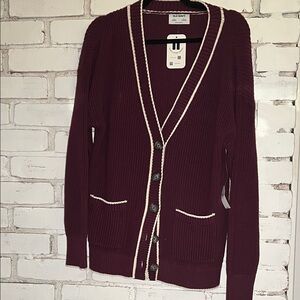 Old Navy Women's Maroon Button-Front Cardigan with Cream Trim